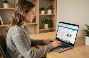 Femme faisant des achats en ligne sur un ordinateur portable dans un bureau à domicile moderne