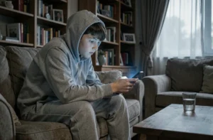 Adolescent accro aux écrans assis sur un canapé, absorbé par son smartphone dans un salon familial