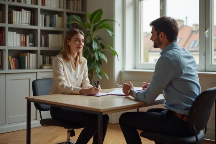 Alternante BTS gestion de la PME en entretien avec un responsable dans un bureau parisien