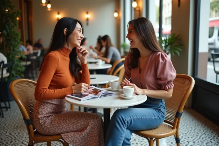 Deux femmes élégantes attablées dans un café parisien discutant mode autour d'un magazine de tendances