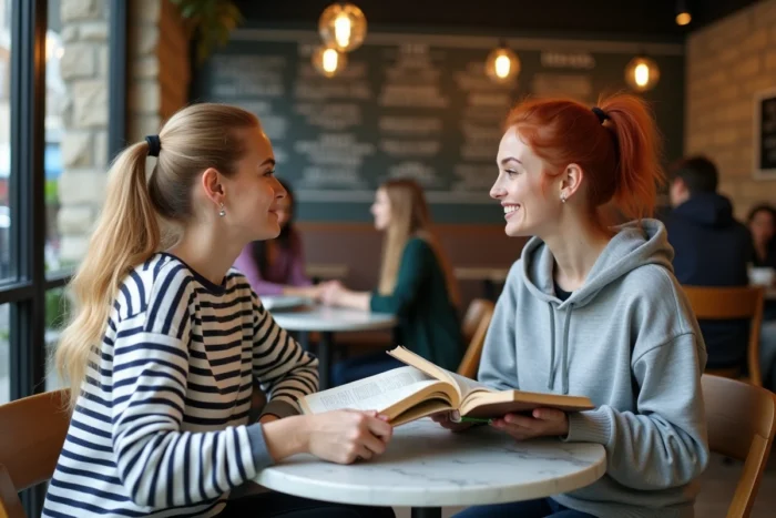 Deux amies passionnées de lecture partageant leurs avis sur des livres autour d'une table de café avec une ambiance chaleureuse