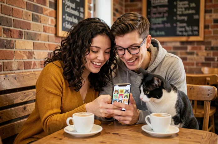 Deux amis et un chat dans un café regardant ensemble une application de réseau social dédiée aux amoureux des chats sur smartphone