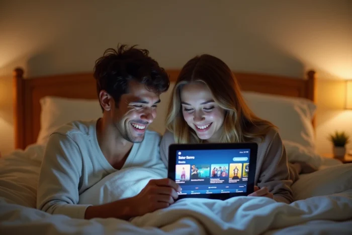 Deux amis choisissant un film ou une série sur une tablette via une plateforme de streaming dans une chambre