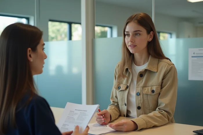 Jeune femme effectuant une démarche d'annulation de titre de séjour dans une préfecture française