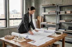 Architecte femme étudiant des plans de conception dans un studio moderne avec vue sur la ville en 2024