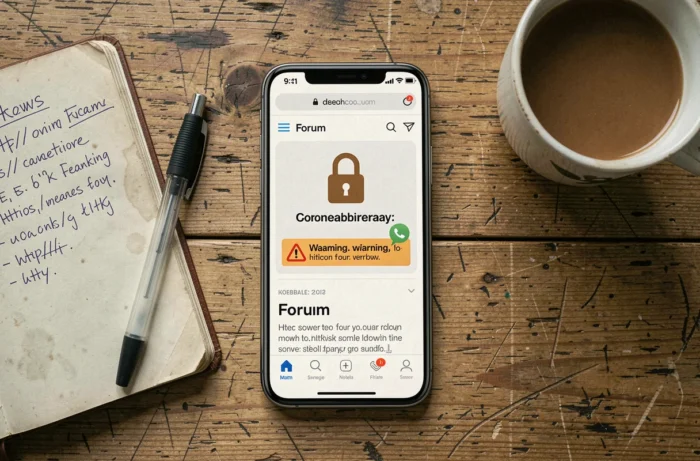Vue en plongée d'un smartphone affichant un avertissement de forum en ligne avec des notes manuscrites sur un bureau en bois