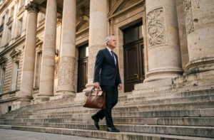 Avocat en costume sombre montant les marches d'un palais de justice français à Paris, façade néoclassique en pierre en arrière-plan