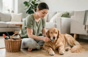 Jeune femme brossant son golden retriever détendu sur un parquet en bois clair, ambiance bien-être animal à domicile