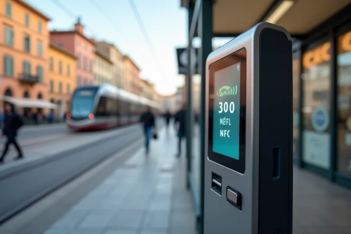 Borne de paiement EMV NFC installée à un arrêt de tramway à Nice avec l'interface tactile et le logo sans contact visibles