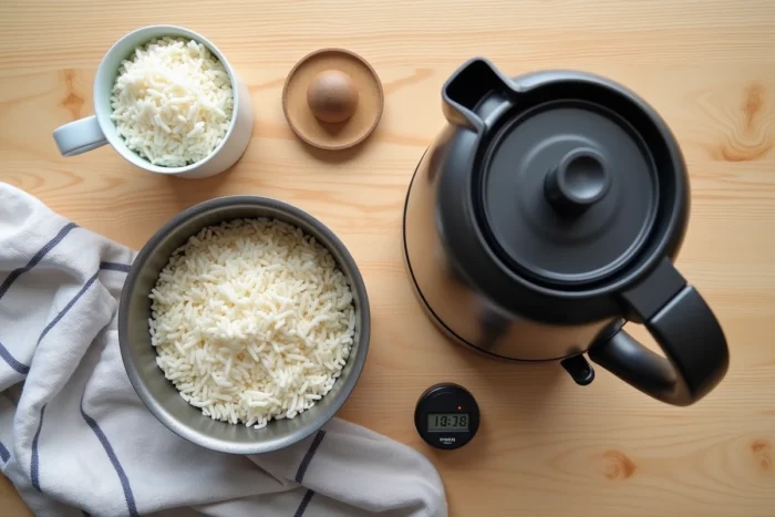 Vue de dessus d'une bouilloire électrique noire, d'une tasse de riz cru et d'un pot de riz cuit sur une table en bois