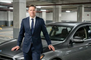 Cadre d'entreprise en costume bleu marine debout à côté d'une voiture de fonction grise dans un parking souterrain