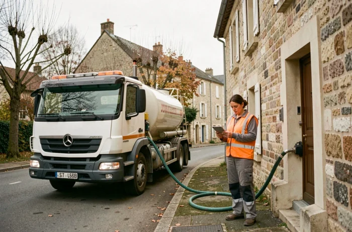 Camion de livraison de fioul domestique devant une maison dans un village français en automne