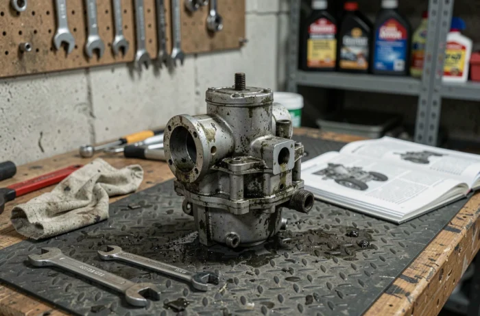 Carburateur encrassé de tondeuse thermique posé sur un établi de garage avec des outils mécaniques