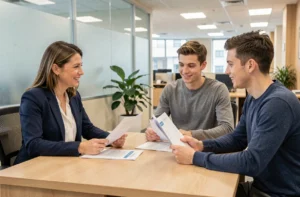 Conseillère bancaire expliquant les options de caution logement à un jeune couple dans une agence moderne