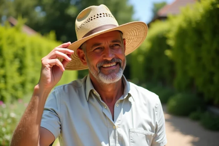 Homme portant un chapeau à bords larges avec des œillets de ventilation visibles sur la calotte
