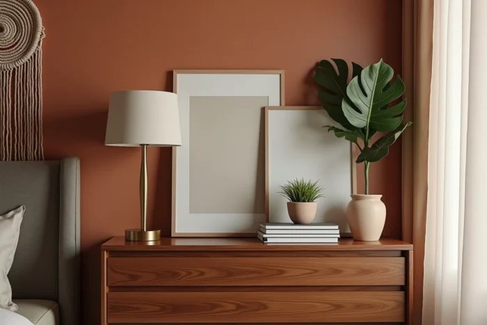 Coin chambre tendance avec commode en noyer, impressions d'art encadrées, plante monstera et peinture limewash terracotta en arrière-plan