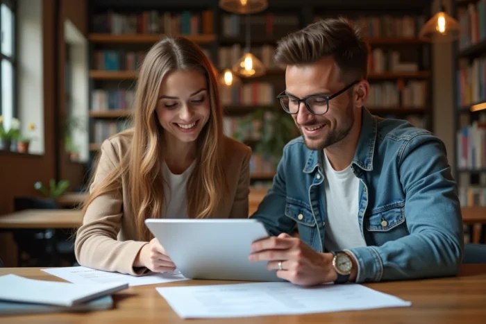 Deux jeunes adultes collaborant sur les étapes d'inscription à Candilib avec une tablette et des documents imprimés dans un espace de coworking