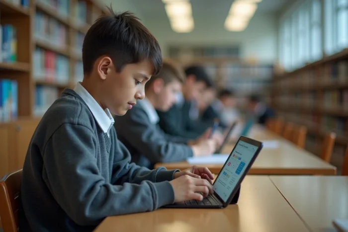 Collégien utilisant une tablette pour consulter ses cours sur l'ENT dans la bibliothèque scolaire
