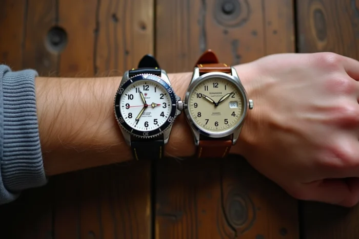 Comparaison de deux poignets portant une montre à l'endroit et à l'envers sur une table en bois