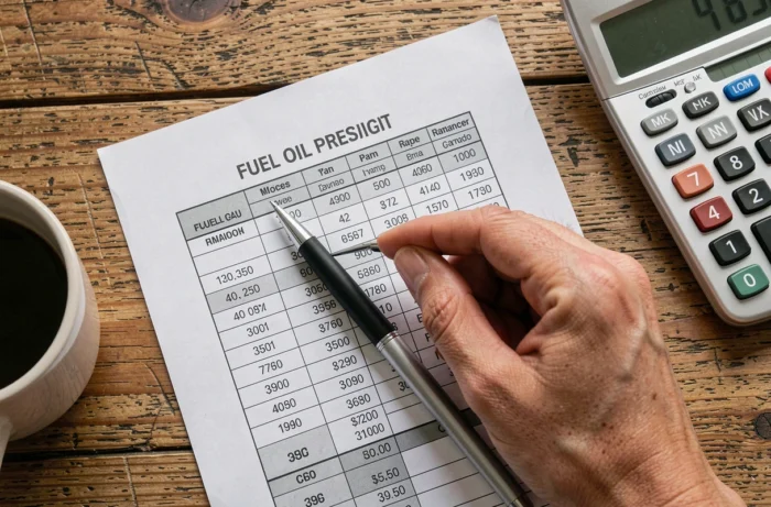 Comparaison des prix du fioul domestique sur un document papier avec calculatrice sur un bureau en bois