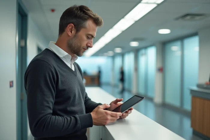 Homme consultant son compte ID AC Versailles sur une tablette dans un couloir administratif d'établissement scolaire