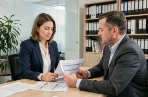 Une femme professionnelle discute de son contrat d'assurance avec un conseiller dans un bureau moderne