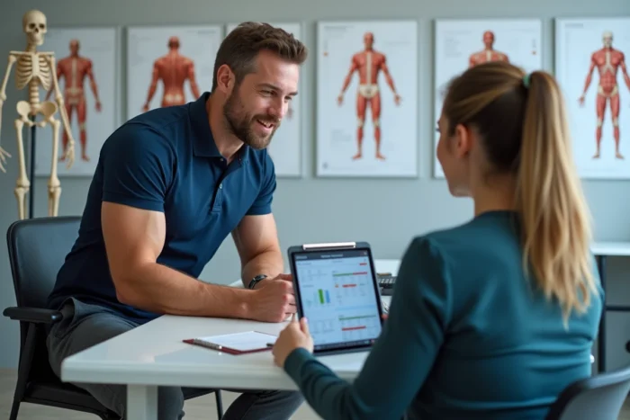 Entraîneur personnel expliquant le pourcentage de masse musculaire à une cliente dans une salle de consultation sportive
