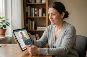 Femme consultant un médecin en ligne via une tablette numérique dans un bureau à domicile calme, illustrant la mise en relation patient-professionnel de santé en ligne
