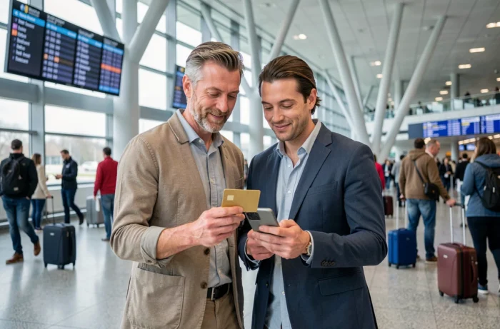 Couple utilisant la carte gold Crédit Agricole pour profiter des avantages voyages à l'aéroport