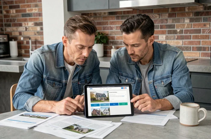Couple comparant des offres immobilières sur tablette et documents papier dans une cuisine moderne