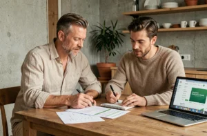 Couple examinant des documents de crédit immobilier à une table en bois dans un appartement moderne