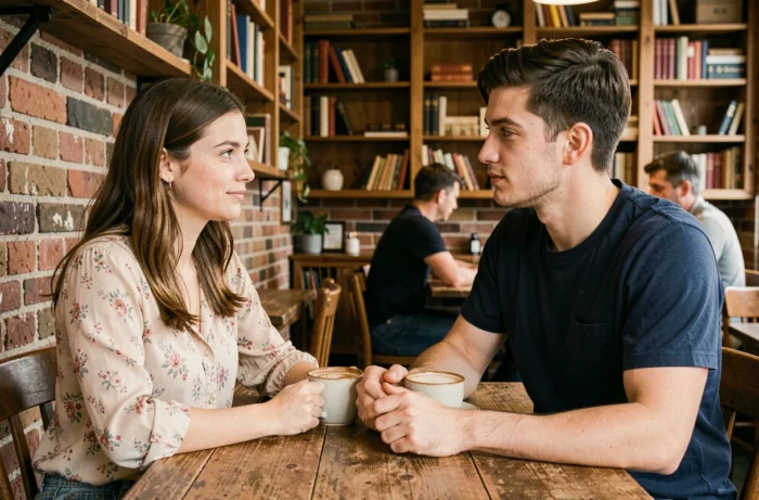Couple marié complice attablé dans un café vintage rustique, capturant un moment intime et chaleureux