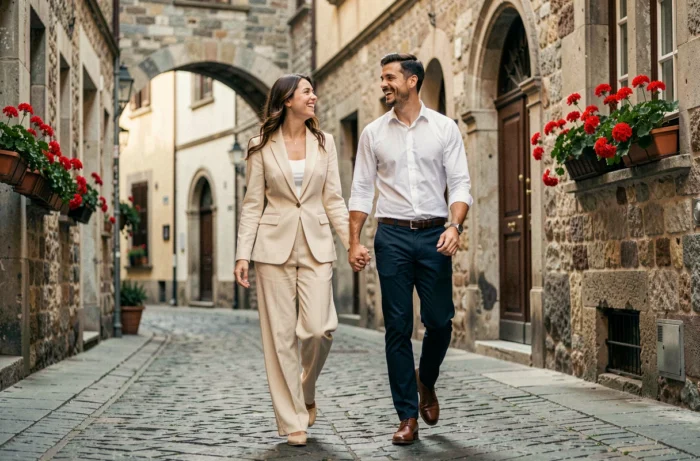 Jeune couple marié se promenant en riant dans une rue pavée d'une vieille ville européenne pittoresque
