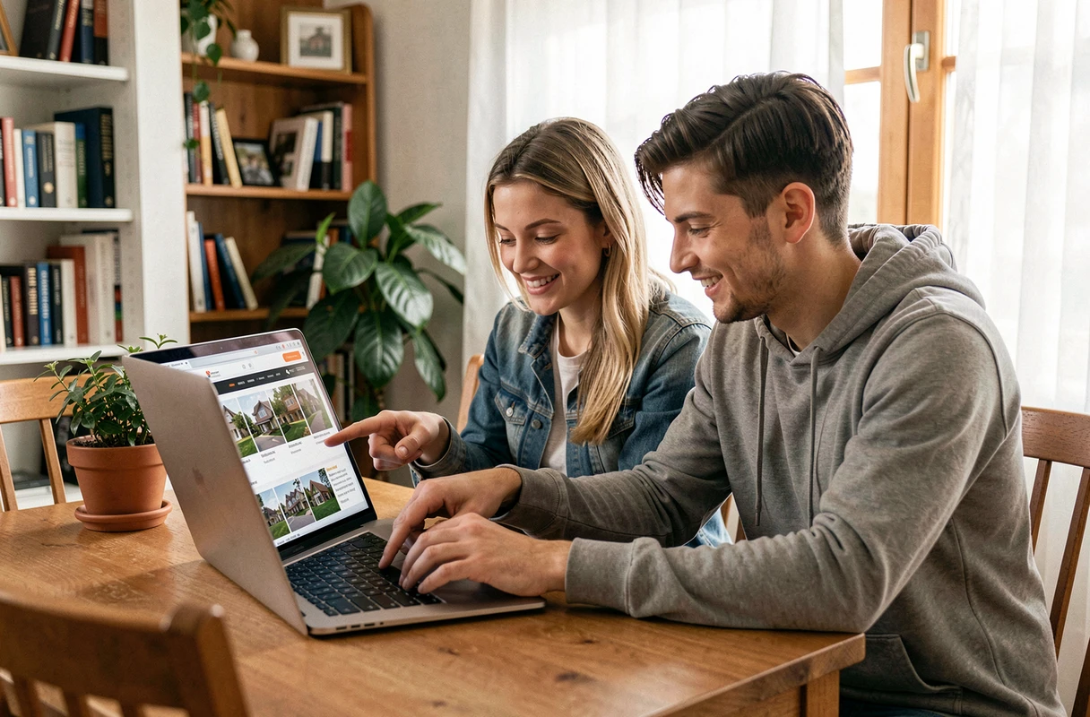 Couple parcourant les rubriques et services du site immobilier Welcome Immo sur un ordinateur portable à domicile