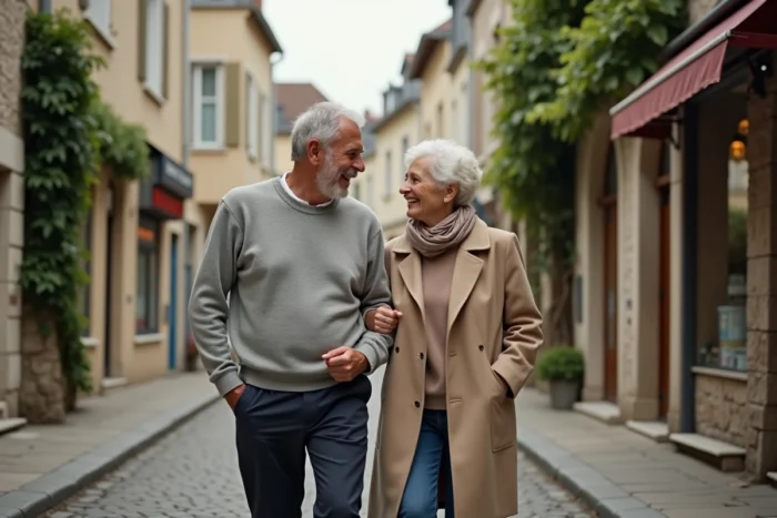 Couple élégant se promenant dans une rue pavée d'un village français, illustrant la vie privée et complice d'une figure emblématique du football