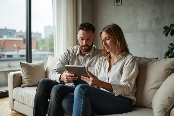 Couple recherchant des biens immobiliers en ligne sur une tablette dans un salon contemporain
