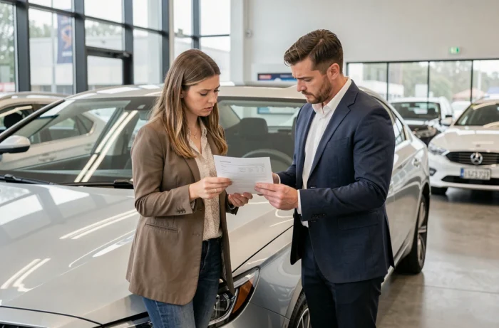 Couple en concession automobile examinant un contrat de LOA avant de signer avec Cofica Bail