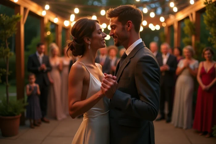 Couple de mariés partageant une première danse intense et passionnée sous des guirlandes lumineuses dans un jardin de réception