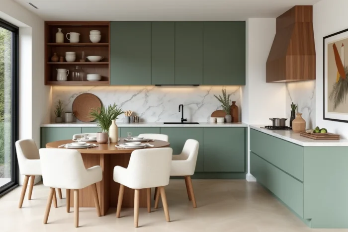 Cuisine contemporaine ouverte avec armoires vert sauge mat, plan de travail en marbre Calacatta et table ronde en chêne entourée de chaises en bouclé crème