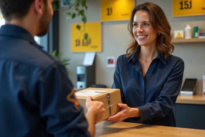 Femme déposant un colis de retour à la poste dans le cadre d'un remboursement Hacoo