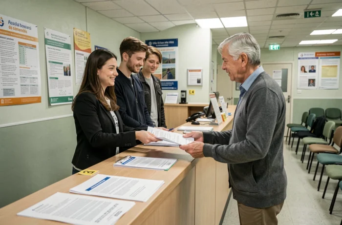 Jeunes locataires déposant leur dossier de caution auprès d'un organisme public de garantie logement