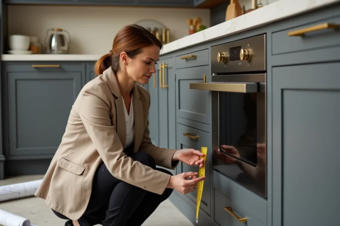 Designer de cuisine mesurant l'espace entre un lave-vaisselle et un four encastré dans un showroom de cuisines modernes