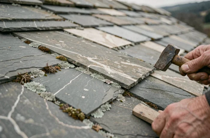 Détail en gros plan d'un toit recouvert de pierres plates en lauzes avec des mains d'artisan en restauration, montrant la texture minérale, les fissures naturelles et le lichen sur les dalles de schiste