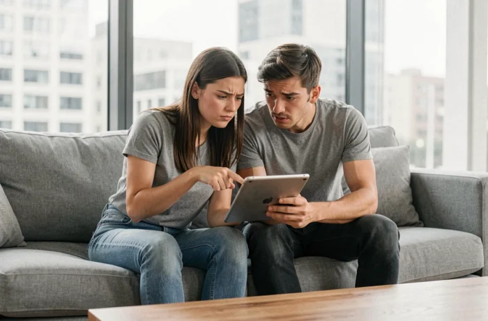 Deux amis examinant ensemble une application sur tablette censée révéler qui consulte leur profil Facebook, l'air dubitatif