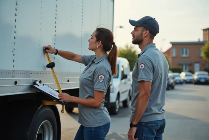 Deux déménageurs mesurant les dimensions extérieures d'un camion 15m3 dans un parking