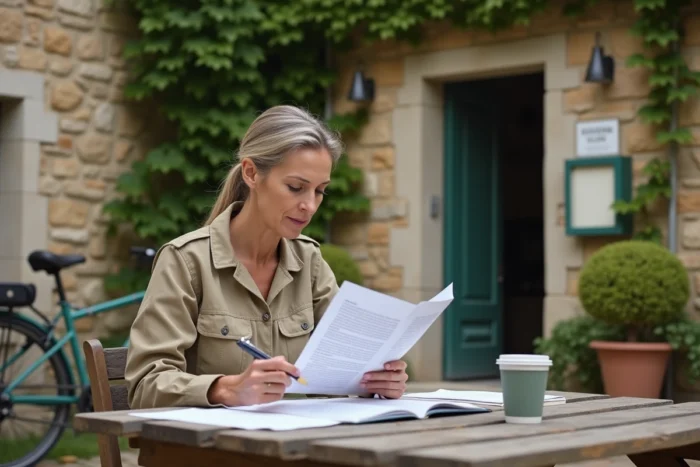Femme lisant des documents juridiques sur les droits de bivouac et les règles d'occupation des terres agricoles devant une mairie rurale française