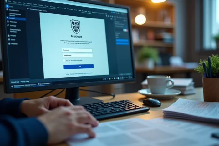 Écran d'ordinateur affichant la page de connexion du portail Arena de l'académie de Montpellier sur un bureau administratif