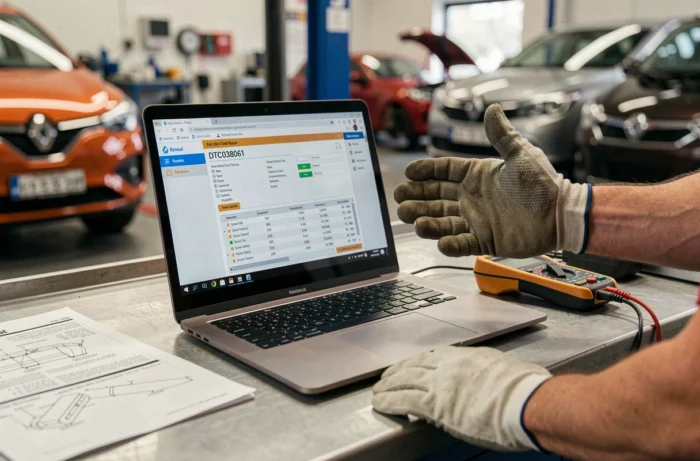 Écran d'ordinateur affichant le code défaut DTC038061 sur un logiciel de diagnostic automobile Renault dans un atelier de service