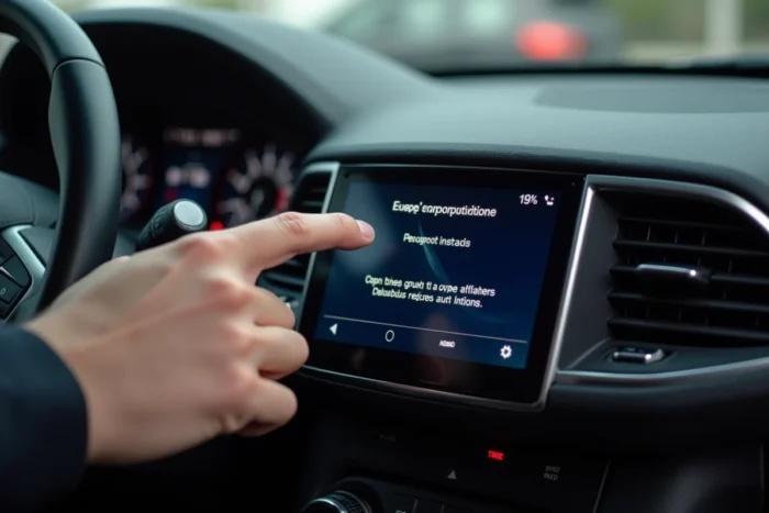 Gros plan sur l'écran GPS Peugeot affichant une mise à jour de cartographie en cours