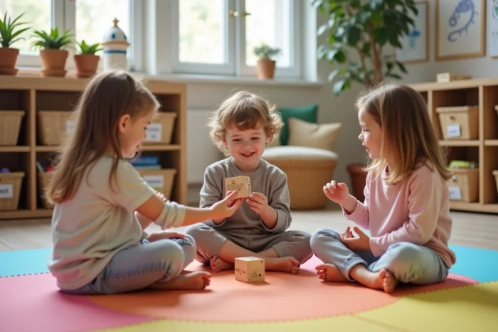 Groupe d'enfants de maternelle en activité coopérative sur un tapis éducatif en cycle 1